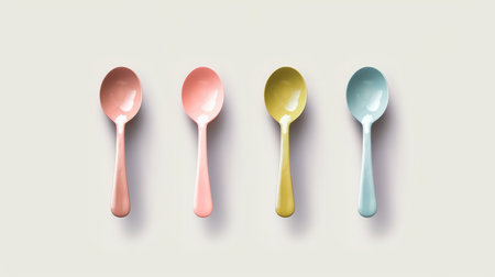 spoon set featuring a variety of colors and patterns, showcased against a clean white background. this minimalist design incorporates subtle pastel hues, creating a vintage minimalism aesthetic. the spoons are crafted using poured resin and sculpted with precision, resulting in a unique and eye-catching piece. rendered in cinema4d, this goosepunk-inspired creation is a true work of art. ai generatedの素材