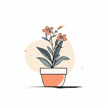 a minimalistic abstract cartoon image featuring a pot with flowers. the composition is light, with a combination of black and orange tones. the image has minimal retouching and utilizes screen tones for added effect. the colors are vibrant and rounded, creating a strong visual impact. ai generatedの素材