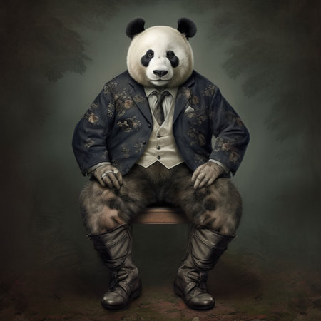 a panda bear dressed in a suit, complete with shoes and socks, is captured in a hyper-realistic portrait style. this studio portraiture showcases the unique combination of forestpunk aesthetics and the captivating essence of national geographic photos. the mottled background adds a touch of intrigue, reminiscent of fairy tale illustrations, resulting in a uniformly staged image. ai generatedの素材