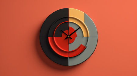 a modern clock with multi-layered geometry, in the style of zbrush, hangs on a striped orange wall. the clock features circular shapes and a color palette of dark gray and light crimson. the design emphasizes character design and environmental awareness, with bright color blocks adding a vibrant touch. ai generatedの素材