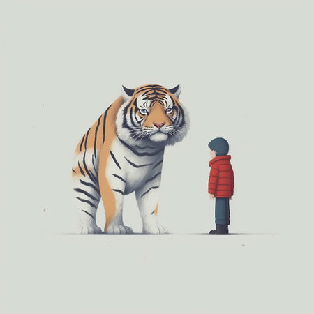 a boy stands beside a tiger in a minimalist landscape, featuring illustrations with elements of harsh realism and hyper-realistic animal depictions. the simple yet colorful illustrations showcase a gigantic scale, with light gray and red tones. the quirky cartoonish characters add a touch of whimsy to the scene. ai generatedの素材