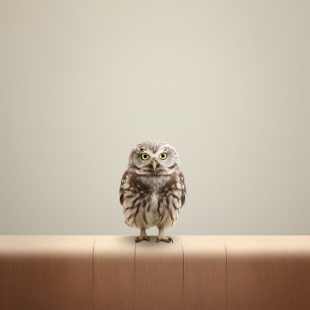 an owl perched on the floor, positioned in front of a beige wall, captures the essence of mike campau's style. this photograph, taken with a konica big mini camera, showcases the artistry of japanese photography. with lively tableaus and digitally enhanced details, this image by petros afshar is a captivating addition to the flickr community. ai generatedの素材