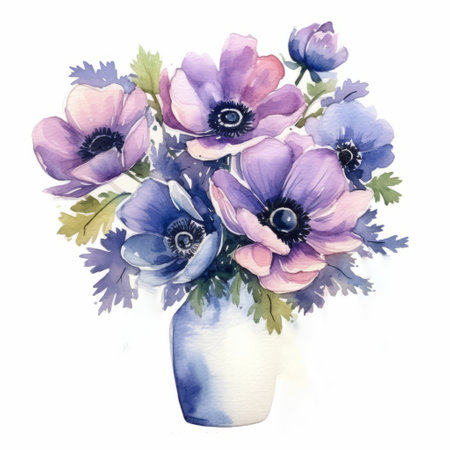 watercolor flowers in vase vector illustration featuring a captivating composition. the artwork showcases a referential painting style with light violet and navy hues. the use of porcelain and paint dripping technique adds an artistic touch. the color palette includes light red and violet, creating an eye-catching visual. this illustration is perfect for watercolorists and art enthusiasts. ai generatedの素材