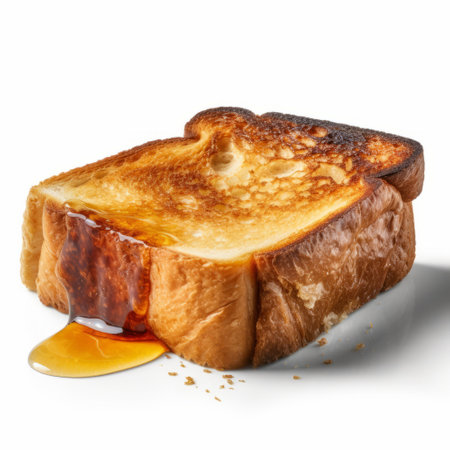 breakfast toast with honey being poured in, captured in a hyper-realistic pop style. the image showcases tonal sharpness and edgy political commentary. shot with a konica auto s3 camera, the composition features symmetrical asymmetry. this high-resolution 8k photograph was taken with an iso of 200. ai generatedの素材