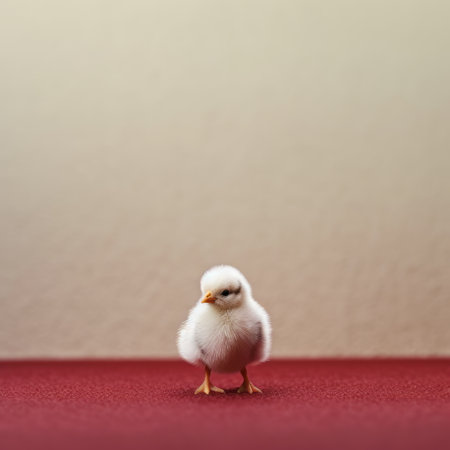 a white chicken stands gracefully on a vibrant red carpet, capturing the essence of nicolas bruno's artistic style. this national geographic photo exudes delicate and playful innocence, reminiscent of emmanuel de critz's minimalistic approach. this captivating image was commissioned specifically for this purpose. ai generatedの素材