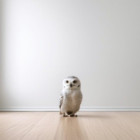 a barn owl perched on a wooden floor in a room with white walls. this realistic rendering captures the owl's beauty in 8k resolution. the photograph showcases the mori kei style and explores different textures. with a minimalist approach, the image exudes a relatable personality. the clear and crisp details make this photo truly captivating. ai generatedの素材