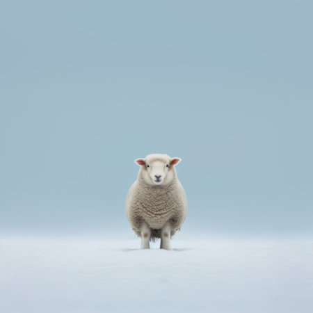 grey sheep standing on a snowy hill, captured in the style of color field minimalism. the image showcases symmetry and features soft-focus portraits. the color palette consists of light beige and blue tones, reminiscent of the dusseldorf school of photography. the photograph utilizes focus stacking techniques to highlight the minimalist objects in the composition. ai generatedの素材