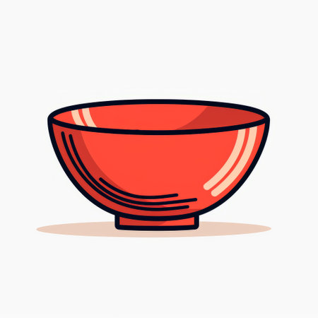 an illustration of a red bowl on a white background, featuring bold outlines and flat colors reminiscent of ancient chinese art. the 35mm lens adds a unique perspective, while the light pink and dark orange hues create a visually striking contrast. with minimal retouching, this playful animation brings the illustration to life. ai generatedの素材