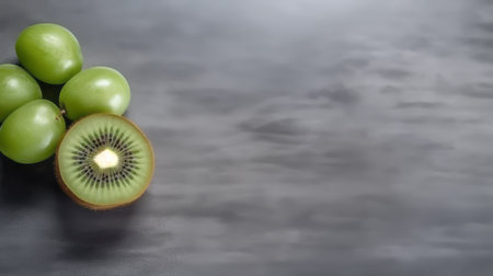 green kiwi slices arranged on a dark gray and gray background, offering ample copy space. this high-resolution image showcases a captivating juxtaposition of objects, featuring poolcore and cranberrycore. the visually tactile surfaces and subtle tonal range add depth and intrigue to the composition. ai generatedの素材