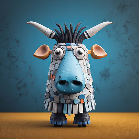 a small blue cow with a strong facial expression holds a metal plate in this playful character design. the finely rendered textures and use of vray bring the cow to life, while the use of beads and yarn create a unique and tactile appearance. this paper sculpture, created with zbrush, showcases the artist's attention to detail and creativity. ai generatedの素材