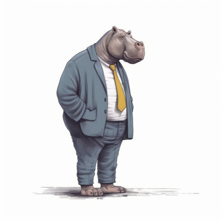 a cartoon illustration of a business-minded hippo, showcasing the talent of animal illustrators. this drawing, in the style of normcore and street style realism, features a dark cyan and yellow color scheme. the hippo is depicted in a reinterpreted human form, set against a white background. the image captures a moment of quiet contemplation, creating a humorous tableau. ai generatedの素材