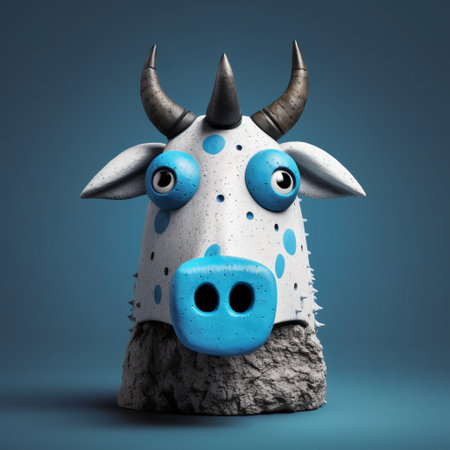 a blue and white cow model with horns, rendered in cinema4d, inspired by the styles of bill gekas and dan matutina. the cow features textured splashes and stone sculptures, with a cartoonish character design. the photo has a low depth of field, highlighting the intricate details of the model. ai generatedの素材