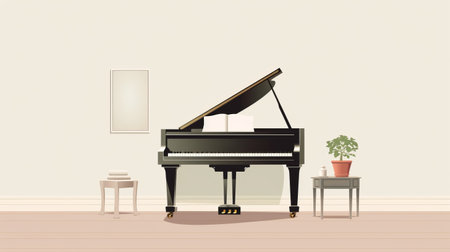 a flat vector illustration of a piano, done in a style reminiscent of realistic still lifes with dramatic lighting. this illustration by emiliano ponzi captures the essence of interior scenes, with a light black and beige color palette. it draws inspiration from artists like fairfield porter and adrianus eversen, creating lively tableaus. ai generatedの素材