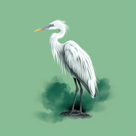 a white heron depicted in a digital painting and drawing style, featuring a cartoonish character design. the illustration showcases a light green and dark gray color palette, with a touch of editorial flair. the grandeur of scale is emphasized, complemented by a saturated color field reminiscent of watercolor illustrations. ai generatedの素材