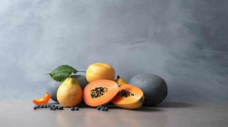 three oranges, a pineapple, and papayas are arranged on a table. the photo is captured in a light silver and dark gray color scheme, using ray tracing techniques. the matte background features shades of light orange and light azure, complementing the polished concrete surface. the image beautifully combines natural fruits with man-made elements, creating a visually striking composition. ai generatedの素材
