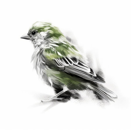 a bird drawing by dariusz zawadzki, featuring a charming character illustration of a bird on a white background. the style is a blend of light black and green, with a painterly touch. the artwork showcases multilayered realism, reminiscent of the works of frank bramley. the drawing captures the raw vulnerability of the bird, creating a captivating visual experience. ai generatedの素材