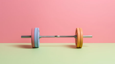 colorful dumbbells rest on a vibrant pink background, creating an uncanny juxtaposition of colors. this minimalist photograph showcases the odd juxtapositions and symmetrical balance, with a post-minimalist touch. the light green and pink hues add a striking contrast, making this image a captivating example of minimalist starkness. ai generatedの素材