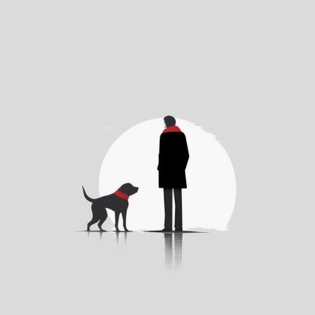 two silhouetted figures stand against the moon, accompanied by an animal, in this urban minimalist illustration. the dark gray and red color scheme adds to the simplicity of the piece, featuring simplified dog figures. the pensive portraiture and stark minimalism create a handsome and captivating composition, enhanced by the backlight. ai generatedの素材