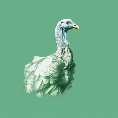 a large white bird stands on a green background in this conceptual digital art piece. the contemporary turkish art style is evident in the hyper-realistic animal illustration. the editorial illustration showcases saturated colorism and layered imagery with subtle irony, creating a unique aesthetic. keywords: large white bird, green background, conceptual digital art, contemporary turkish art, hyper-realistic animal illustration, editorial illustration, saturated colorism, layered imagery, subtleの素材