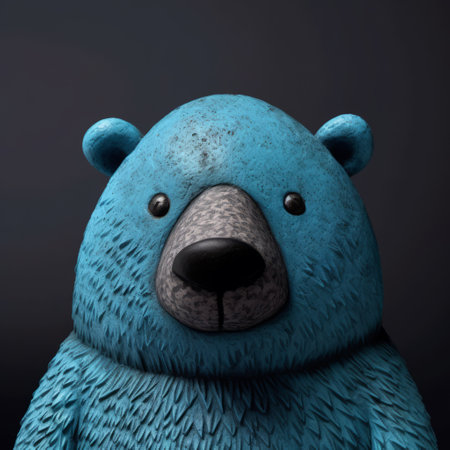 a blue bear with its face turned upside down is depicted in this photo. set against a black background, the bear showcases the artistic style of hard surface modeling, charming character illustrations, and photo-realistic techniques. the textured shading adds depth to the image, while the detailed character design and isolated figure make it visually captivating. inspired by martin creed's work, this photo captures a uniqueの素材