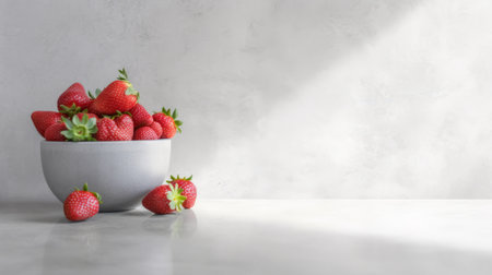 fresh strawberries in a white bowl on a countertop, showcasing the industrial and product design style. the luminous 3d objects are set against a backdrop of polished concrete and light gray, minimalist backgrounds. sunrays delicately shine upon the strawberries, creating a harmonious blend of natural and man-made elements. ai generatedの素材