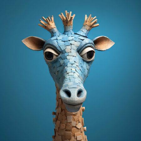a small wooden giraffe head, designed in a surrealistic cartoon style, showcases mosaic-like collages and playful character design. the dark azure and sky-blue colors create a visually striking contrast. the finely rendered textures add depth to the piece, while the playful use of texture reflects the influence of shaun tan's artistic style. ai generatedの素材