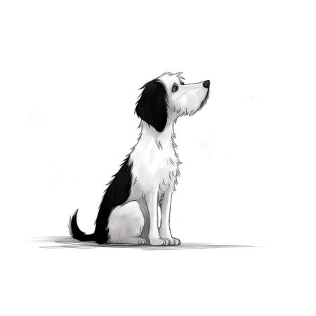 a black and white drawing of a dog gazing at the sky, reminiscent of charming character illustrations by raphael lacoste. the rough-edged 2d animation style adds a unique touch to this piece captured with the sony alpha a1. the dog's classical proportions and flat yet expressive features make it a perfect fit for children's book illustrations. ai generatedの素材