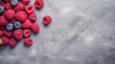 a close-up photograph of raspberries, blueberries, and black raspberries, surrounded by leaves. the organic food ingredients are showcased in the style of polished concrete, with a color palette of dark pink and gray. this high-resolution image by joel robison captures the beauty of these fruits, while the innovative techniques used create a marble-like effect. ai generatedの素材