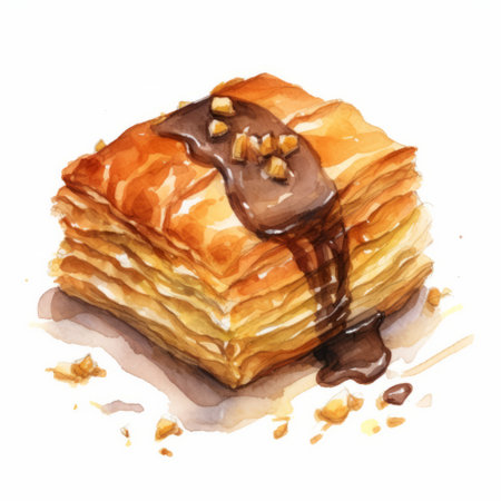 a watercolor food drawing featuring chocolate on a white background. this artwork showcases a unique blend of styles including multilayered realism, persian miniature, low poly, layers of paint, phoenician art, action paintings, and editorial illustrations. ai generatedの素材