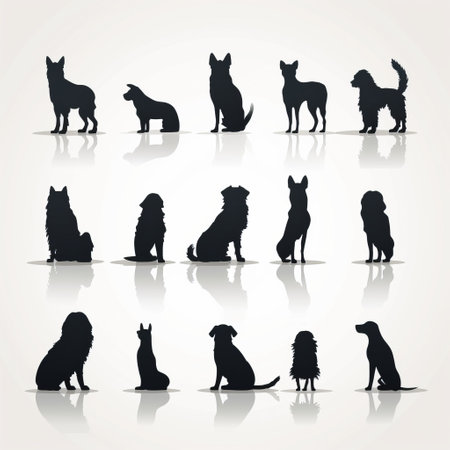 several different dogs with silhouettes on a white background, in the style of a minimalist illustrator. the contrasting shadows, dark black, and light black create a visually striking effect. the reflections and mirroring add depth to the composition. inspired by chinese iconography, the dogs strike pensive poses, making the image richly layered. ai generatedの素材