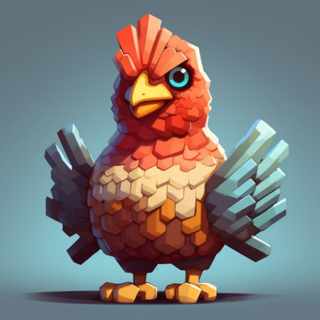an orange and red chicken drawing in pixel art style, featuring low poly design, detailed character rendering, organic sculpting techniques, playful light and shadow effects. the artwork showcases stone sculptures with textured surface layers and heavy inking. ai generatedの素材