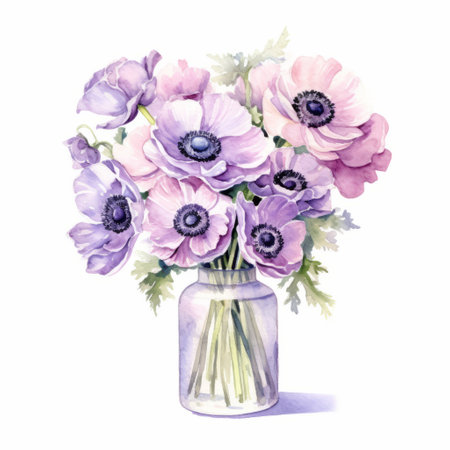 a watercolor painting featuring a cluster of purple anemones, reminiscent of romantic illustrations. the photorealistic composition showcases delicate shades of light pink and light gray. the flowers are arranged in decorative vessels, creating a cute and colorful display. this colorful arrangement is a beautiful illustration of nature's beauty. ai generatedの素材