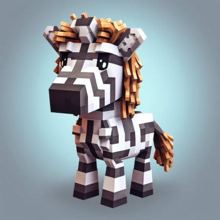 a pixelated zebra with stripes stands proudly, showcasing its unique style inspired by sketchfab and voxel art. the zebra's tangled forms and playful character design add a touch of rusticcore charm. the use of precious materials enhances its overall appeal, while the frequent use of diagonals adds a dynamic and energetic feel to the artwork. ai generatedの素材
