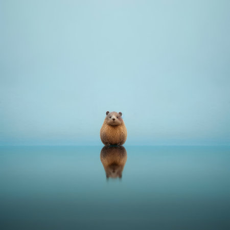 a small brown hamster stands in front of a blue background, reminiscent of mikko lagerstedt's calm waters and surrealistic installations. the image captures the raw character of the hamster, with reflections adding depth and beauty. gediminas pranckevicius would be amazed by the sheer beauty of this scene. ai generatedの素材