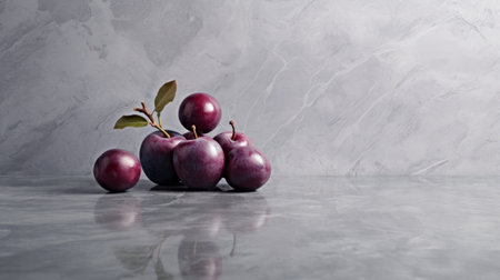 a purple bunch of plums rests on a polished marble surface, creating a minimalist composition. the dark gray background enhances the vibrant colors of the plums. this photo showcases the artistic style of applecore and ray tracing, reminiscent of caras ionut's installation-based works. the contrasting shades of red and gray add depth to the overall aesthetic. ai generatedの素材