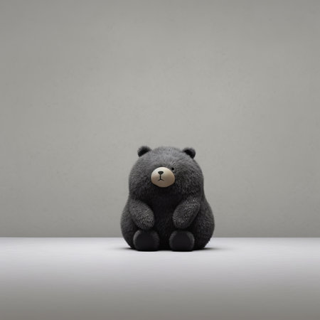 a toy bear, in the style of dark gray and light black, sits on a white surface. this photorealistic rendering captures the essence of japanese minimalism and showcases the intricate details of the bear. the uhd image showcases the primitive folk art aesthetic, reminiscent of konica big mini's photographically detailed portraitures. ai generatedの素材