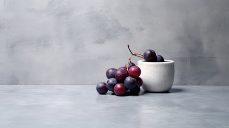 white bottle with grapes on a concrete table, minimalist background, dark gray and purple, glazed earthenware. minimalistic japanese style kitchen still life, captured in an associated press photo. gray and crimson hues add depth to the composition. ai generatedの素材