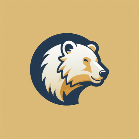 a bear logo on a yellow background, featuring a distinctive character design by oleksandr bogomazov. the logo is created in a realistic yet stylized manner, with circular shapes and a color palette of light navy, light bronze, dark white, beige, light gold, and cyan. ai generatedの素材