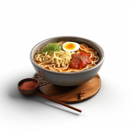 the ramen bowl is placed on a wooden table, showcasing a realistic hyper-detailed rendering. the photograph captures the essence of kodak colorplus, hallyu, and dark orange tones. the composition pays homage to the group f64 style, while the imitated material adds an intriguing element to the image. ai generatedの素材