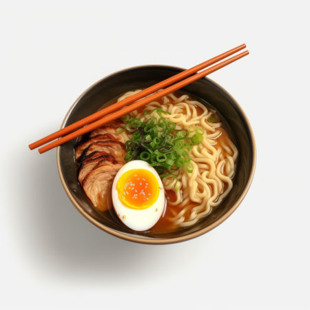 a black bowl of ramen featuring an egg, mushrooms, and chives. this ultra-realistic image showcases the digital gradient blends, capturing the essence of the dish. shot with a konica auto s3 camera, the uhd image displays a honeycore texture with a beautiful blend of light orange and brown tones. majestic ports add a touch of elegance to this visually stunning composition. ai generatedの素材