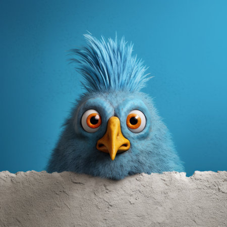 a blue bird with a mohawk, rendered in cinema4d, is depicted in a humorous tableau by artists pierre pellegrini and matthias haker. the lively facial expressions of the bird add to the imaginative prison scenes and cartoon compositions. ai generatedの素材