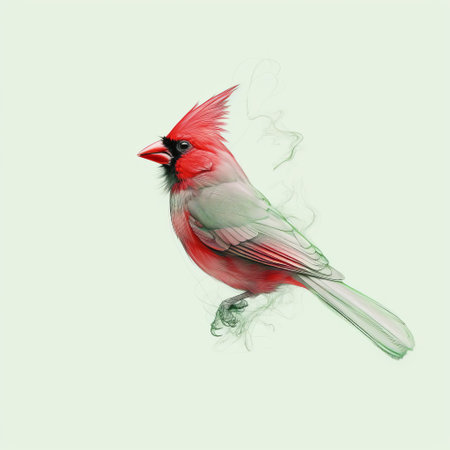 eodice cardinal smoke poster digital painting featuring a hyper-realistic bird study. the artwork showcases a detailed character design of a cardinal in red and green hues, with a trace monotone effect. the painterly style and cross processing technique add depth to this captivating illustration. ai generatedの素材