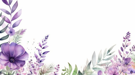 purple flowers create a beautiful border in this watercolor image, featuring minimalist backgrounds and leaf patterns. the artwork, created by dao trong le, showcases a pastoral charm with its dark, white, and green hues. this high-resolution uhd image captures the essence of nature and the artistic beauty of the ferrania p30 film. ai generatedの素材