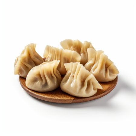 dumplings on a wooden plate, captured in a high-quality photo, showcase the artistry of jzef mehoffer and kshir onchi. the wavy resin sheets add a unique touch to the composition, while the white background and faded palates create an iconic aesthetic. ai generatedの素材
