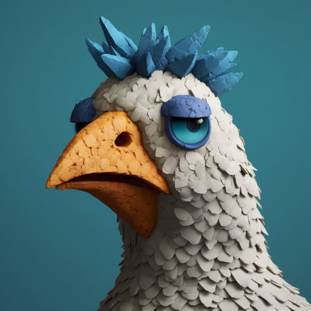 a 3d printed chicken with blue hair and blue eyes, rendered in cinema4d, showcasing inventive character designs and realistic animal portraits. the white background enhances the gritty textures, while the spiky mounds and geometric animal figures add an artistic touch. meticulously crafted, this photorealistic still life captures the unique charm of this imaginative creation. ai generatedの素材
