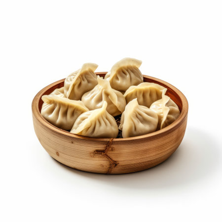 dumplings in a bowl on a white surface, showcasing the artistic styles of rtx on, 8k, yankeecore, and the imposing monumentality of group f64. this exotic and dadaist-inspired photo captures the intricate details and textures of the dumplings, creating a visually stunning composition. ai generatedの素材