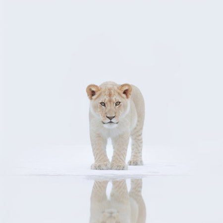 a lion cub gracefully walks through water, captured in a minimalistic and symmetrical style. this pixel-perfect photograph showcases the cub's beauty in stunning 8k resolution. the light white tones and macro lens highlight the lifelike representation of the scene, evoking a sense of serenity. the cub's presence amidst the snow scenes adds a touch of enchantment to the image. ai generatedの素材