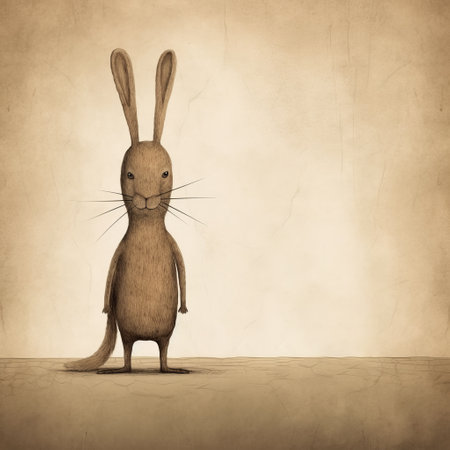 children's book featuring a small rabbit alongside a larger rabbit, inspired by the artistic style of martin stranka. the characters are depicted with intricate facial expressions, and the image has a sepia tone. this high-resolution illustration showcases cartoony characters reminiscent of kestutis kasparavicius' work. enjoy this ultra-high-definition image. ai generatedの素材