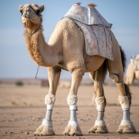 two camels, in the style of packed with hidden details, stand together on a sandy landscape. this uhd image, captured by georges gimel and shared on flickr, showcases the transportcore theme with mixed patterns and a feminine sensibility. ai generatedの素材