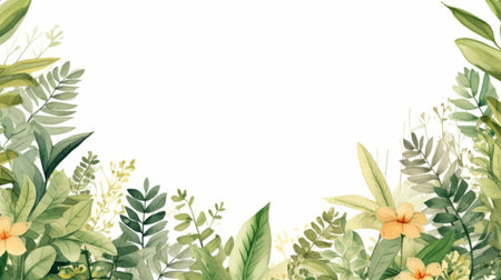 a watercolor frame featuring a minimalist stage design with a green greenery background. the frame showcases leaf patterns and flower patterns, creating a naturalist aesthetic. the image is captured in 32k uhd resolution, highlighting the organic movement and the play of light in soft white and amber tones. ai generatedの素材